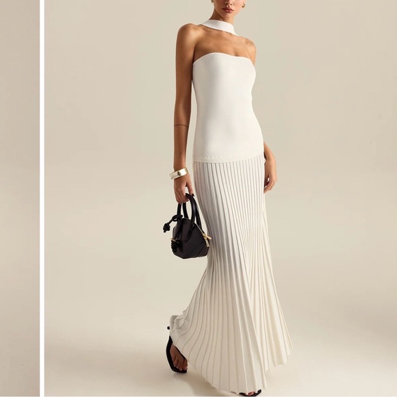 Commense Pleated Knit Halter Maxi Dress Large NWT Ivory Off White - Picture 1 of 13